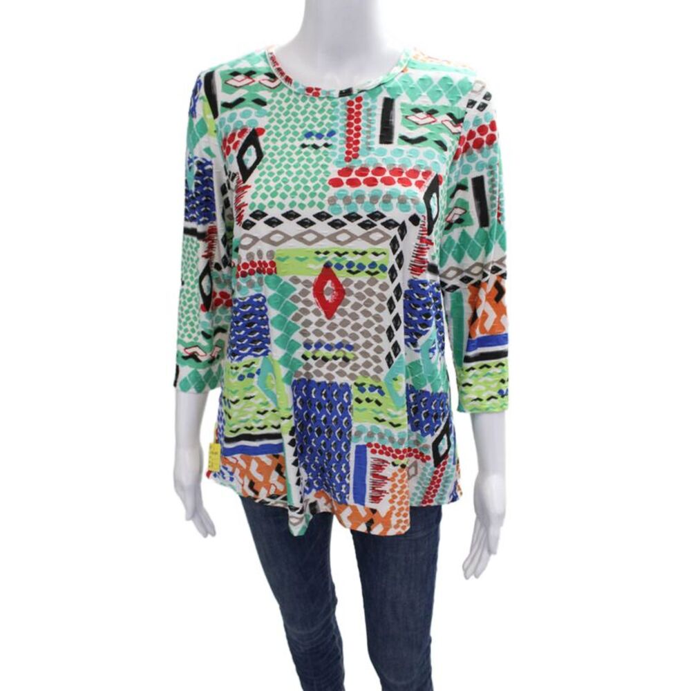 Pure Essence Women Tunic T-Shirt Black Geometric Round Neck 3/4 Sleeve Size S